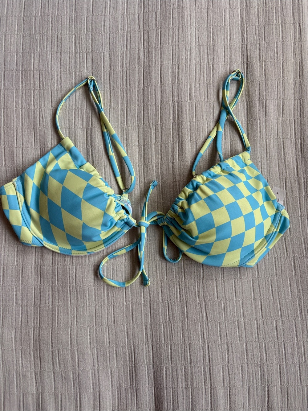 Aurelle Blue and Lime Checkered Bikini Top